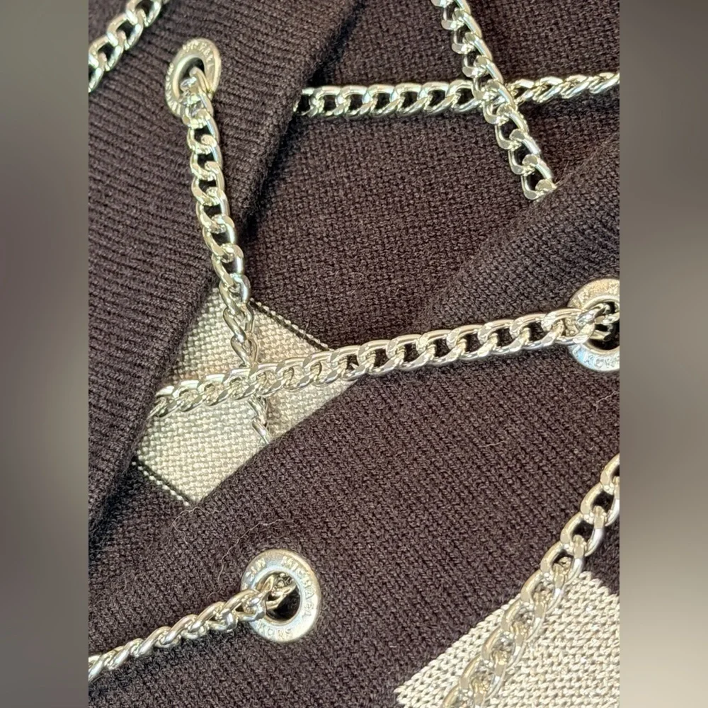 MICHAEL KORS Black Silver Striped Tunic Sweater Chain Lace-Up - Size M